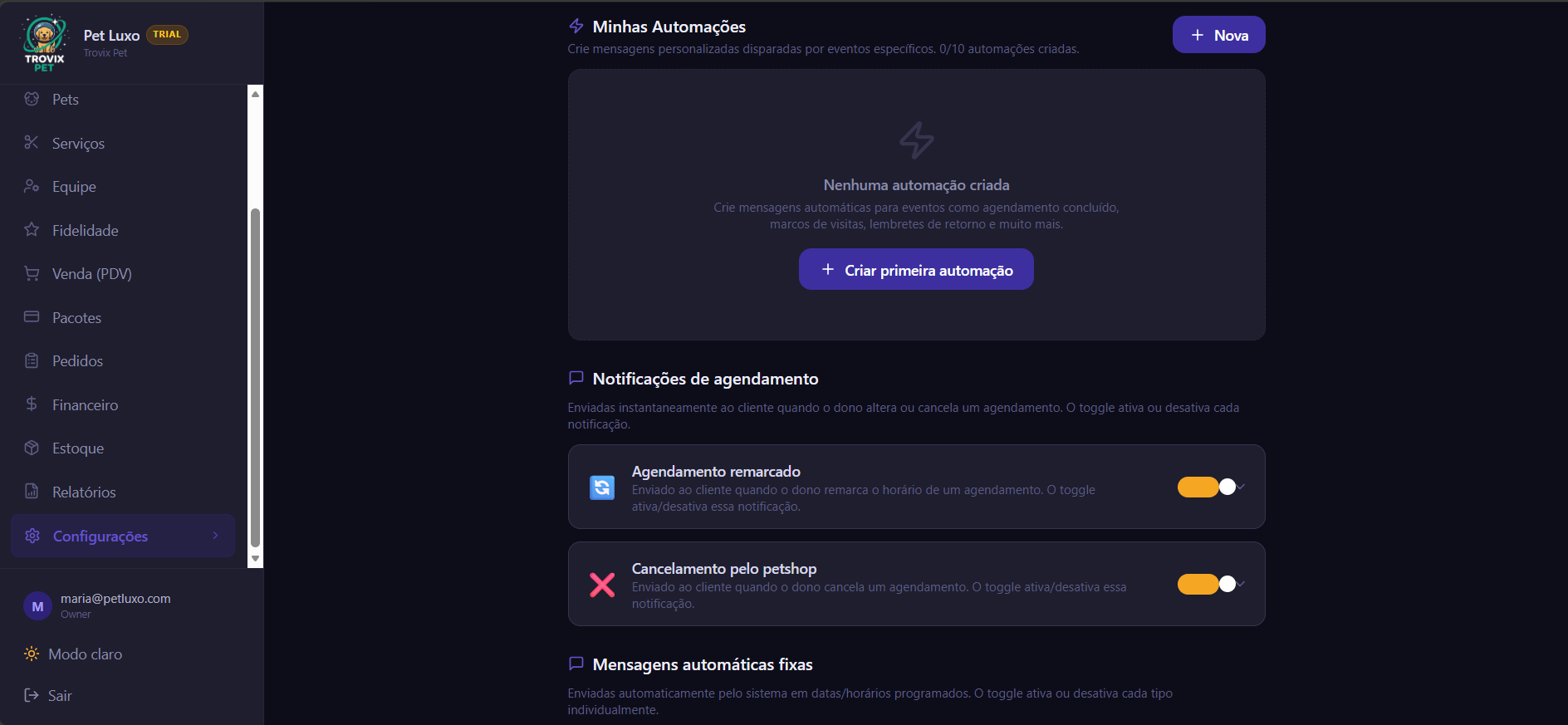 Tela de automações WhatsApp do Trovix Pet — mensagens automáticas configuráveis